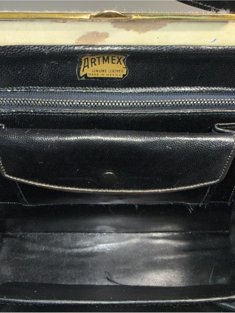 Black and White Cowhide Shoulder Bag with Top Handle